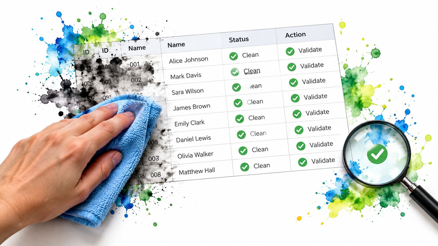 A hand wiping a table with a cleaning cloth while a magnifying glass inspects a clean data list.