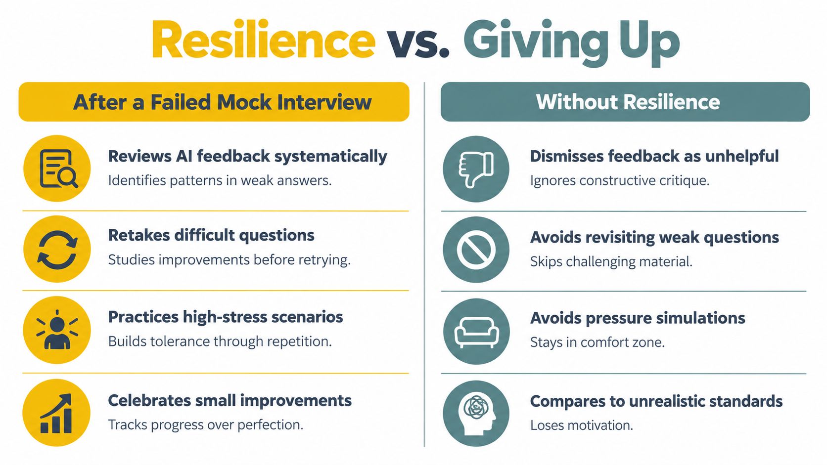 A comparison chart showing how resilient individuals versus those who give up handle a failed mock interview.