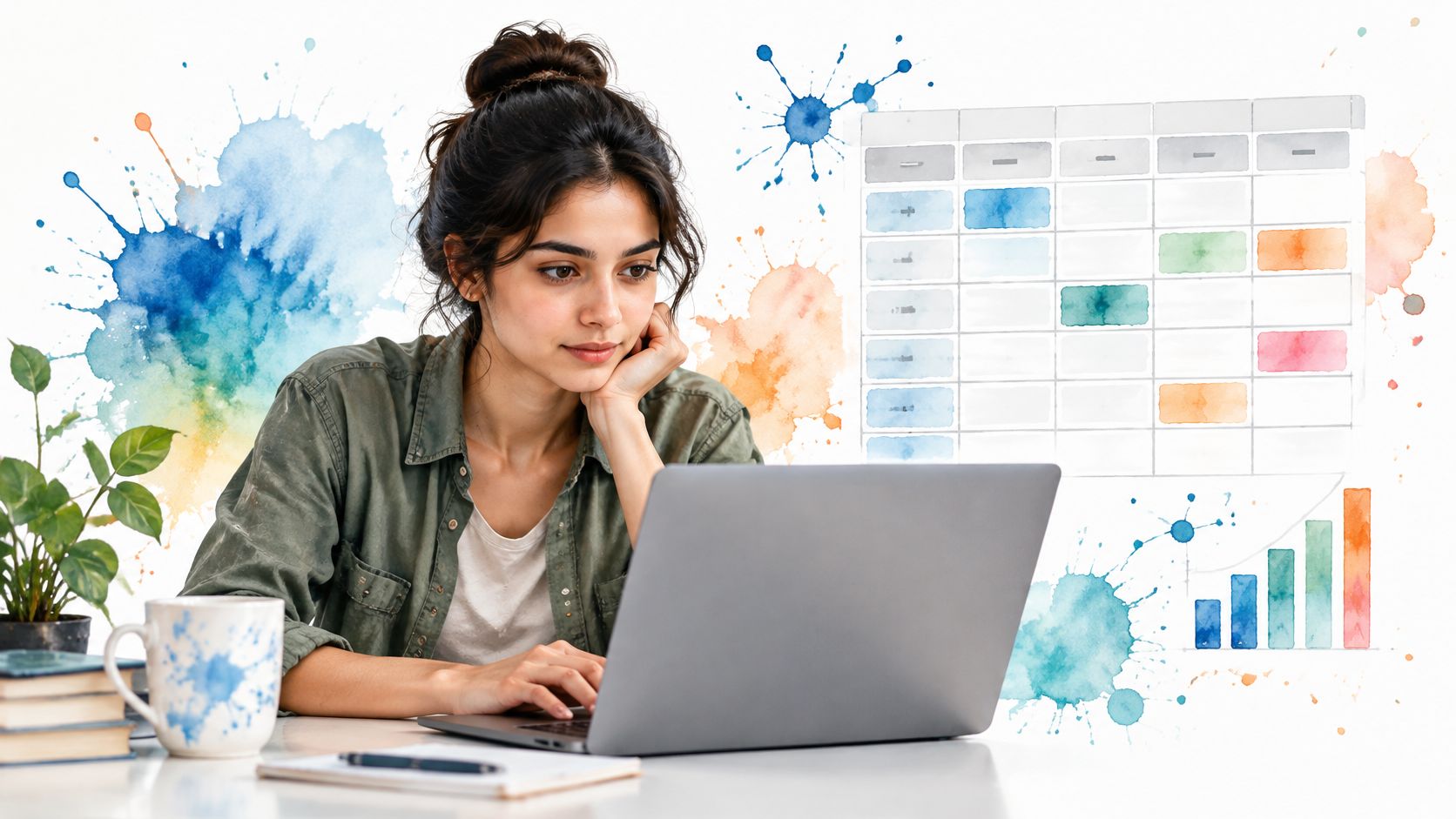A young woman focused on a laptop with abstract watercolor splashes and data visualization charts behind her.