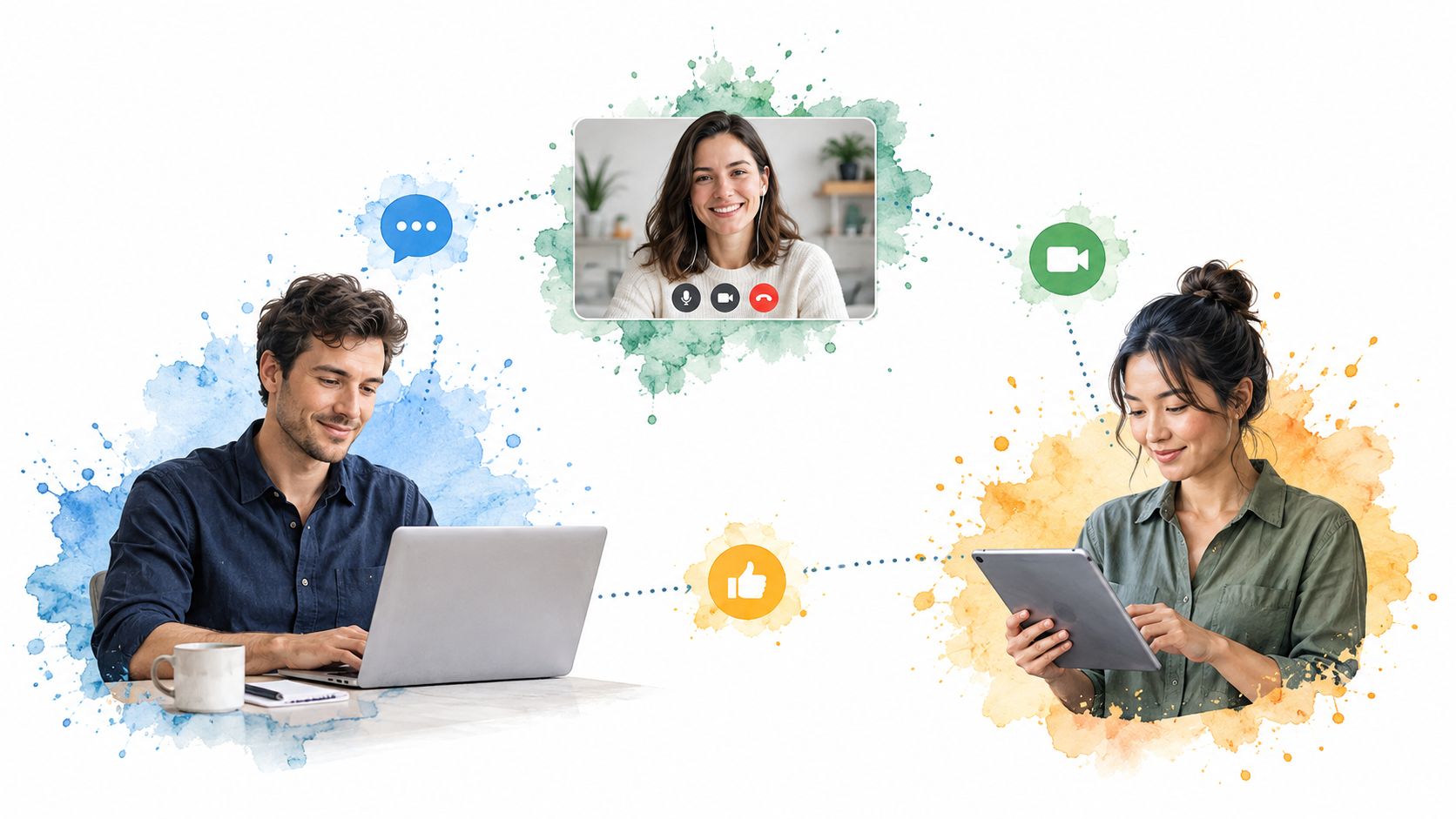 A man and woman collaborating digitally using a laptop, tablet, and video conference call in a professional setting.