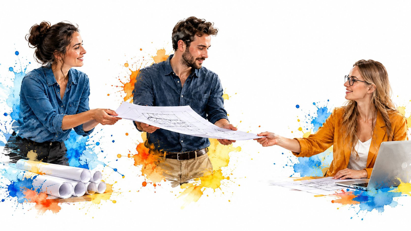 A diverse team of professionals collaborating on architectural blueprints in a creative and colorful office setting.