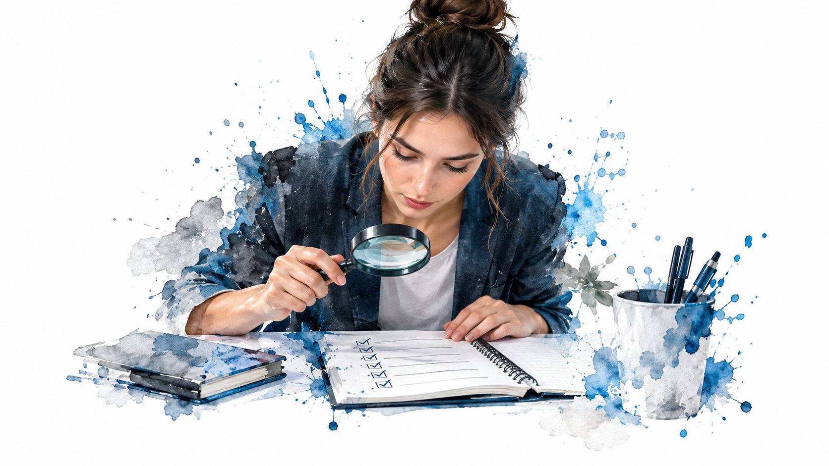 A businesswoman using a magnifying glass to carefully inspect a checklist in her notebook on a desk.