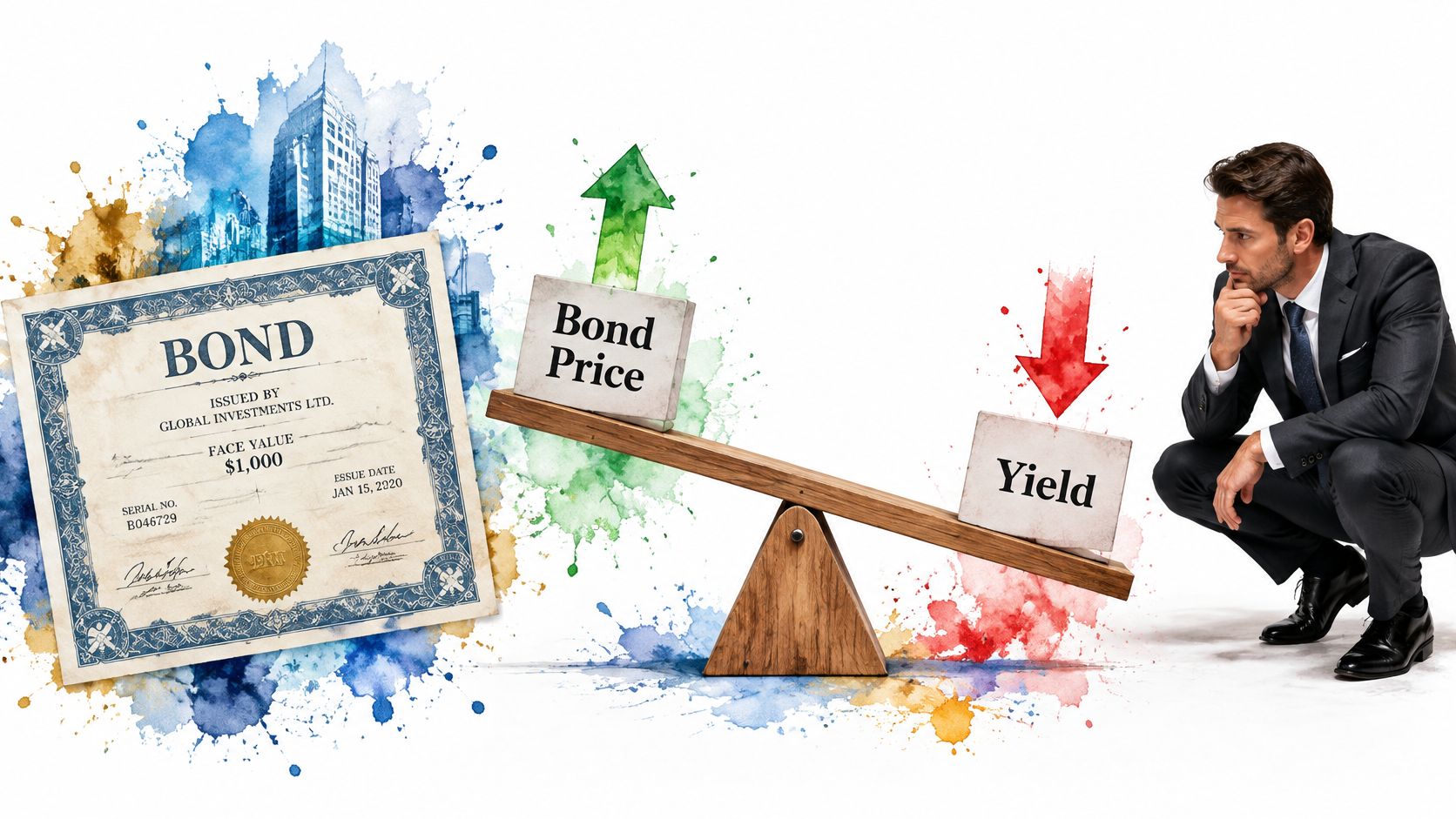 A businessman observes a seesaw showing an inverse relationship between bond price and yield in finance.