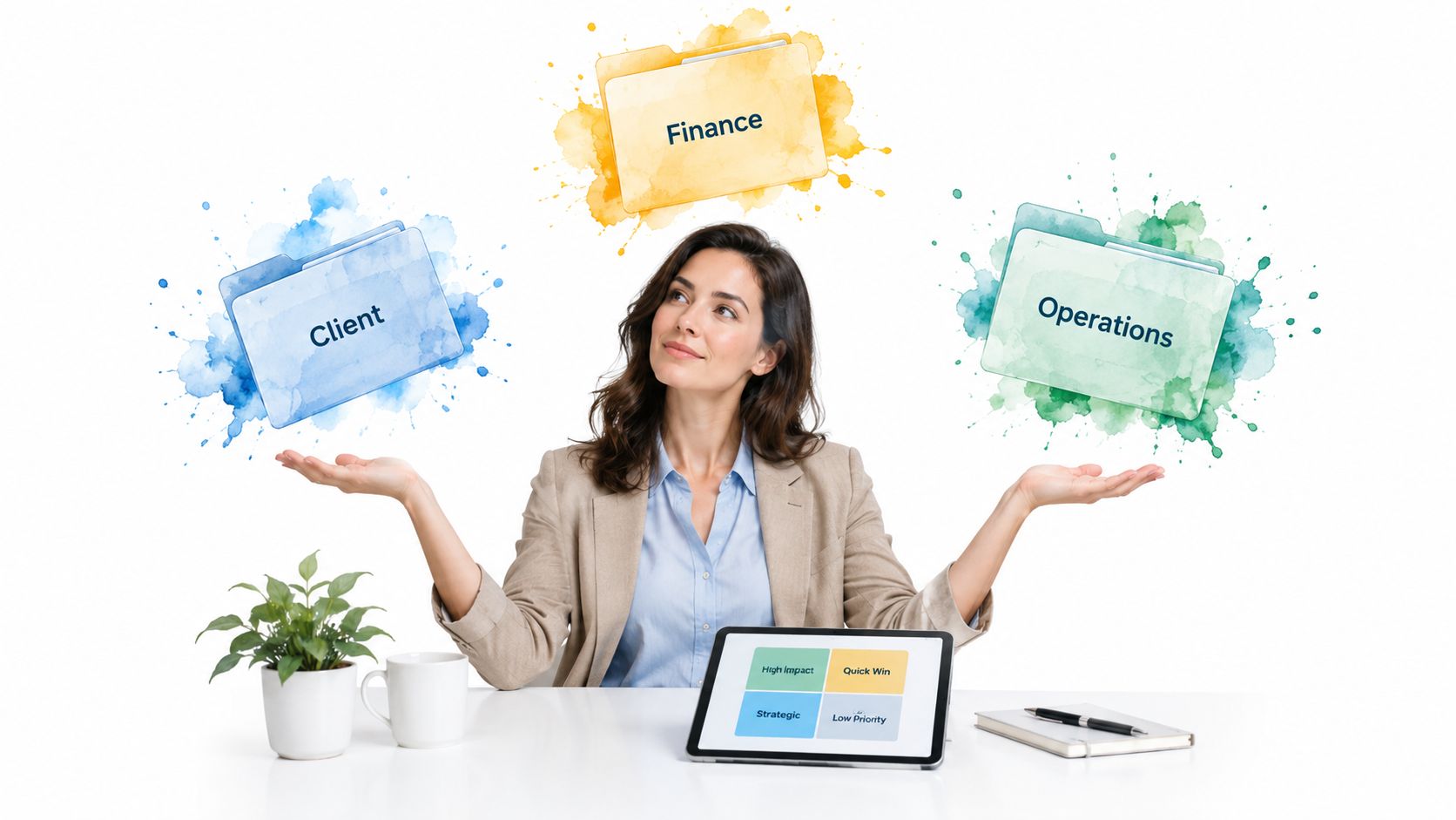 A professional woman pondering business decisions represented by floating folders labeled Client, Finance, and Operations.