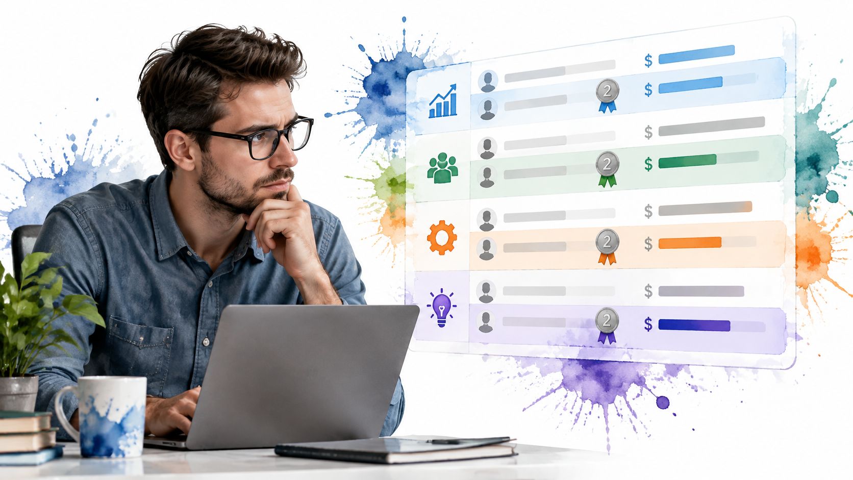 A focused professional analyzing complex data visualizations on a digital screen while working at his desk.
