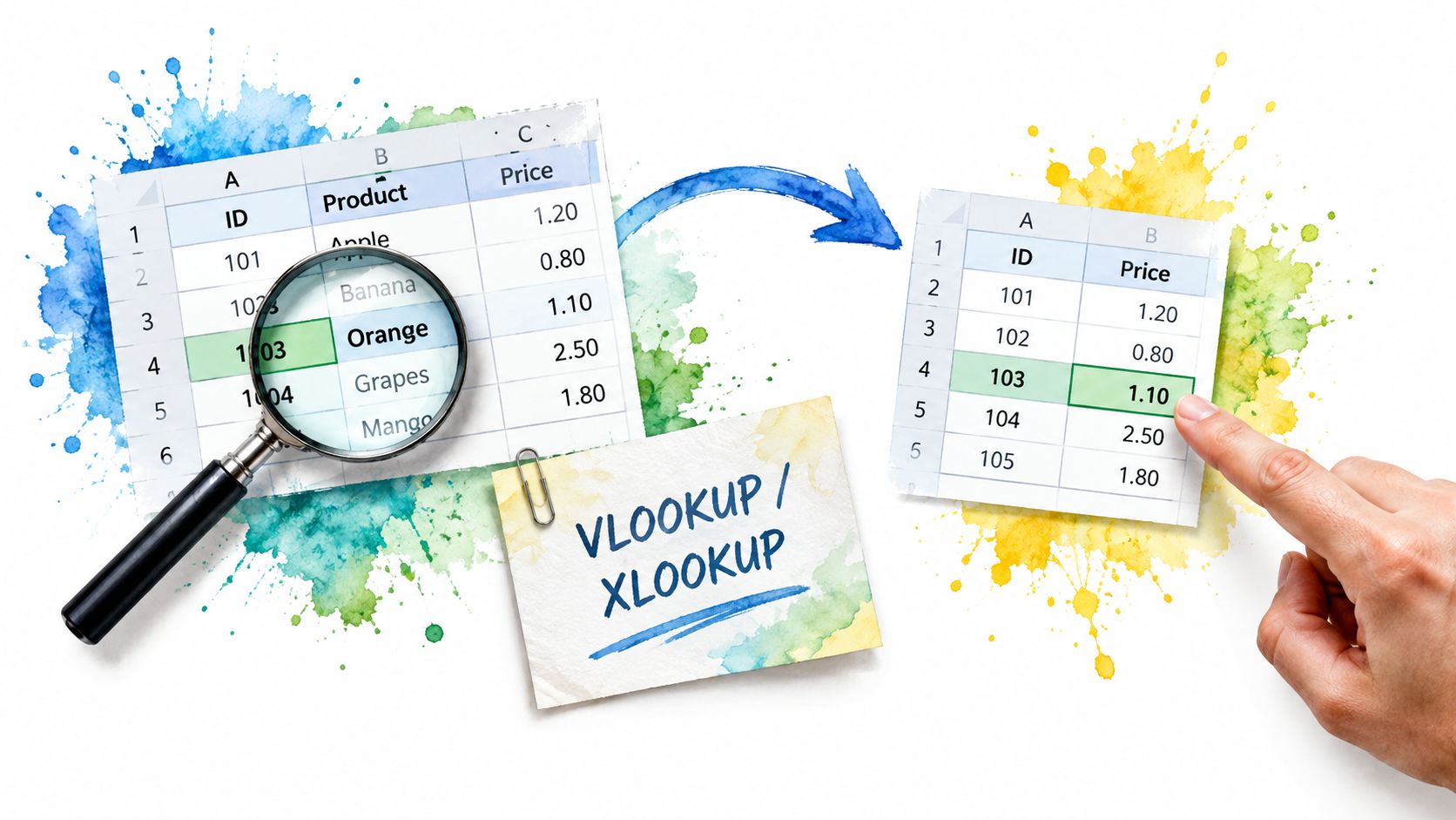 A magnifying glass and a finger pointing at an Excel spreadsheet illustrating VLOOKUP and XLOOKUP concepts.