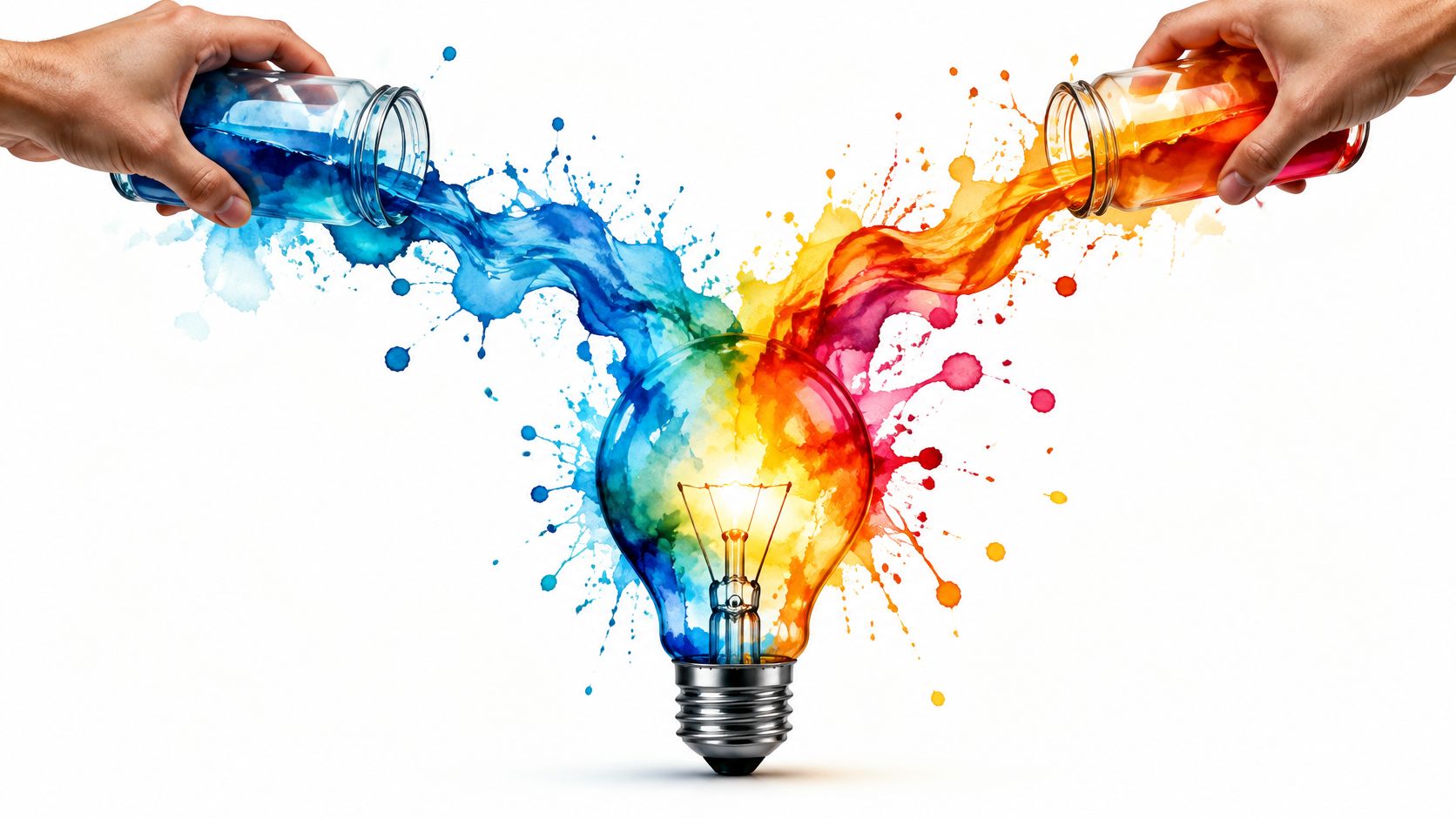 Two hands pouring blue and orange paint from jars, mixing into a vibrant light bulb design.