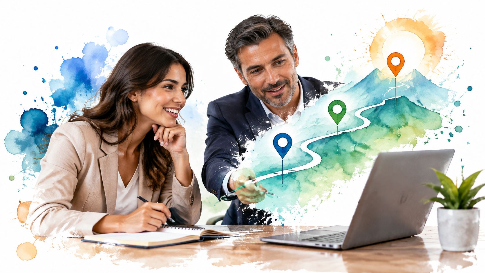 A professional man and woman discussing business strategy while looking at a laptop and watercolor graphic.