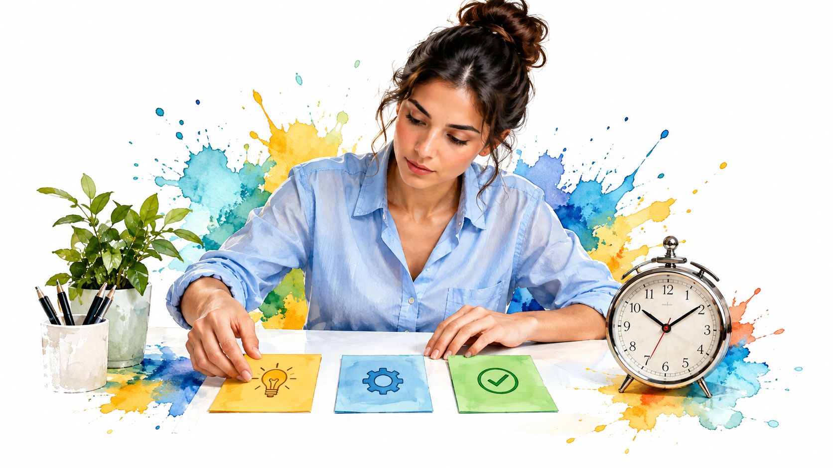 A focused young woman sitting at a desk organizing cards with icons representing ideas, strategy, and completion.