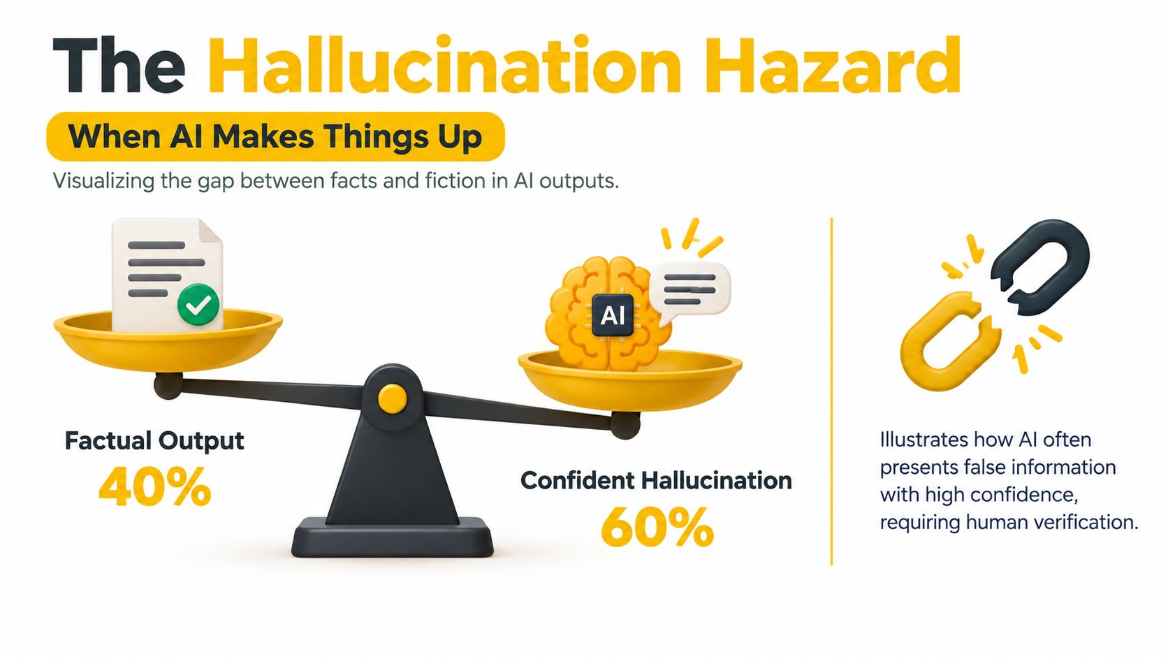 A graphic illustration comparing factual AI output at 40 percent versus confident hallucinations at 60 percent.
