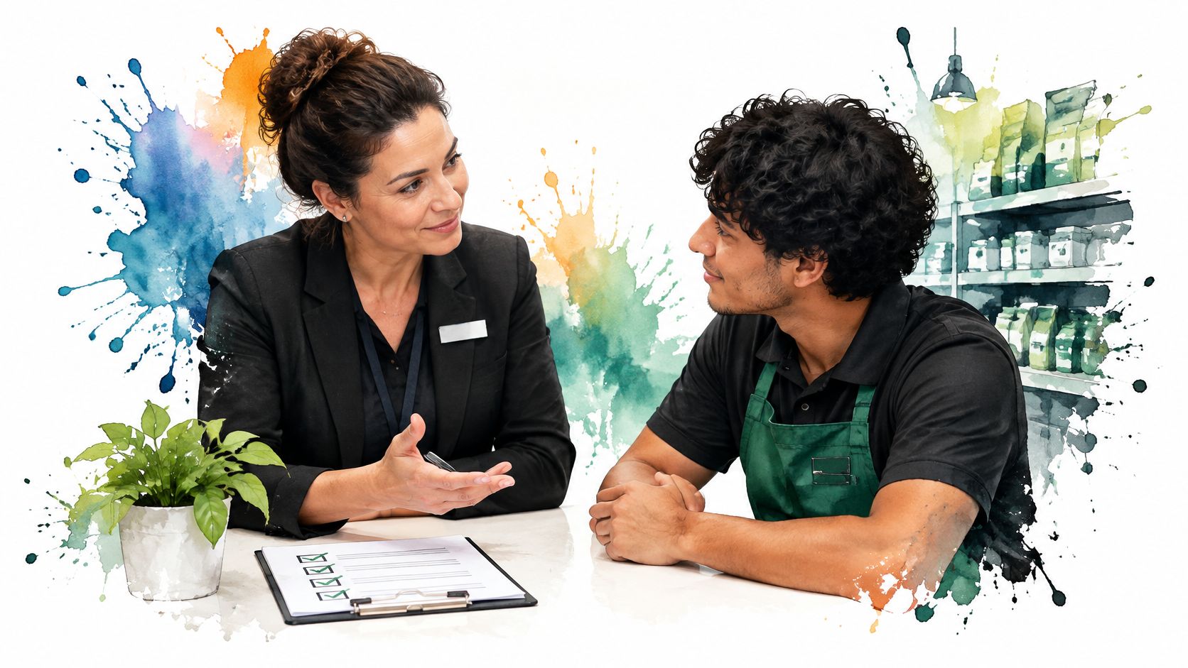 A professional manager interviewing a young man wearing a green apron at a retail store table.