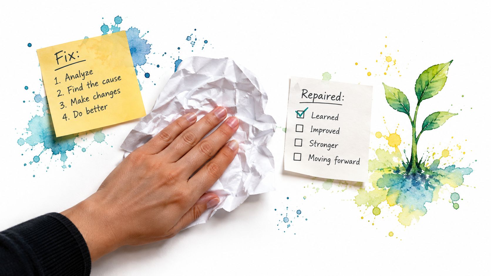 A hand smoothing a crumpled paper near notes about fixing problems and personal growth through learning.