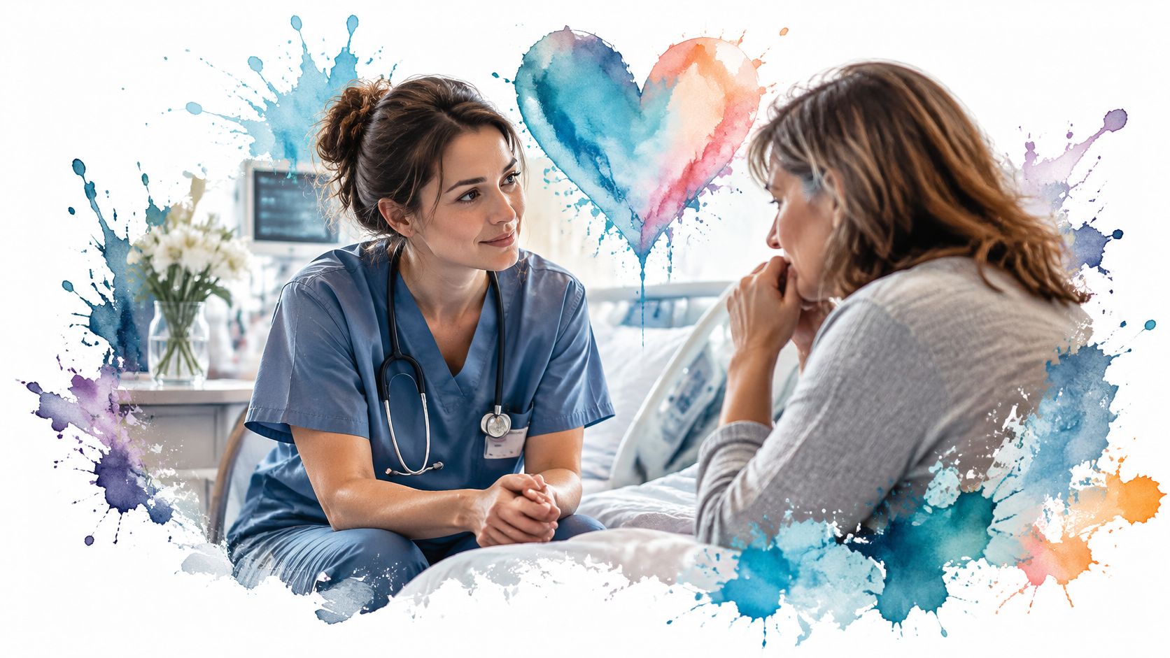 A compassionate nurse sitting bedside and listening to a concerned patient in a hospital setting.