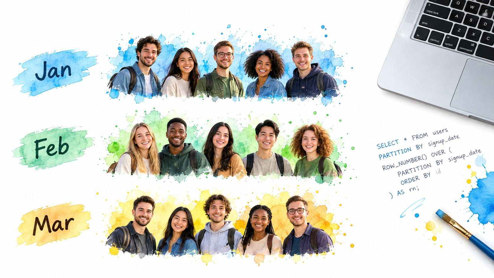 A creative composition showing three monthly rows of student photos with watercolor backgrounds and SQL query code.