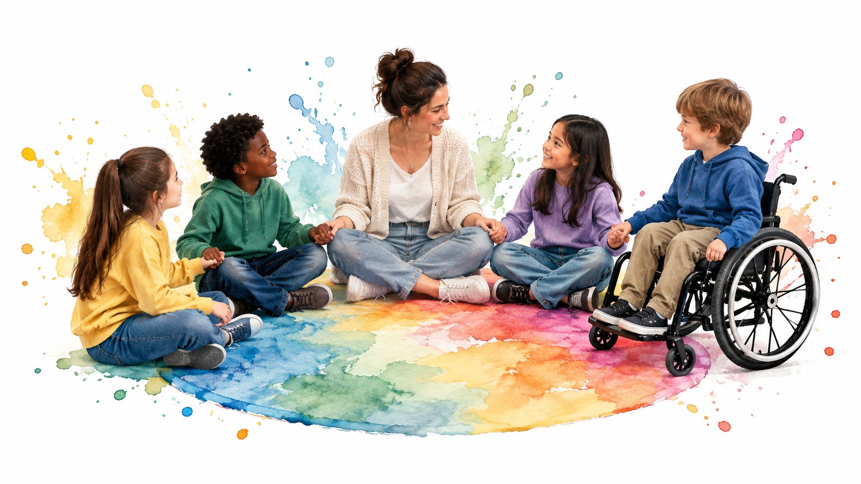 A teacher and a diverse group of four children sitting in a circle on a colorful rug.
