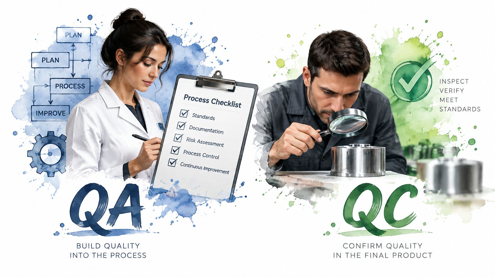 A side-by-side comparison showing QA processes with a clipboard and QC inspection using a magnifying glass.