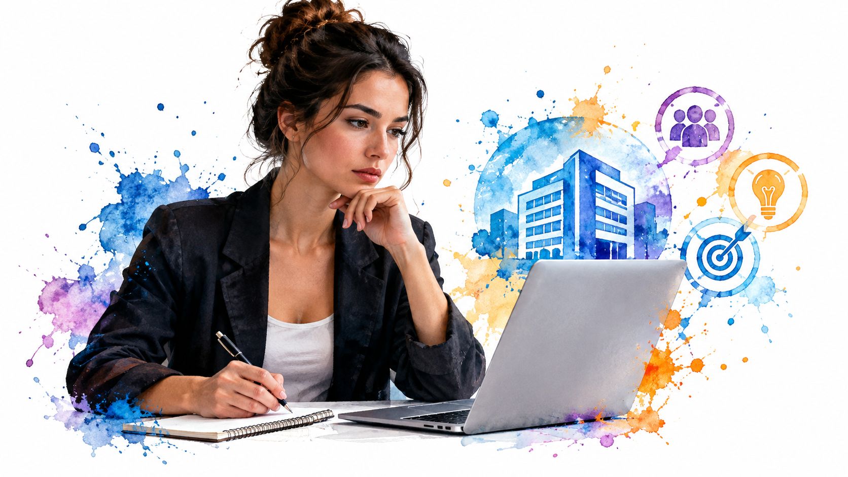 A professional woman writing in a notebook while looking at a laptop with artistic business icons nearby.