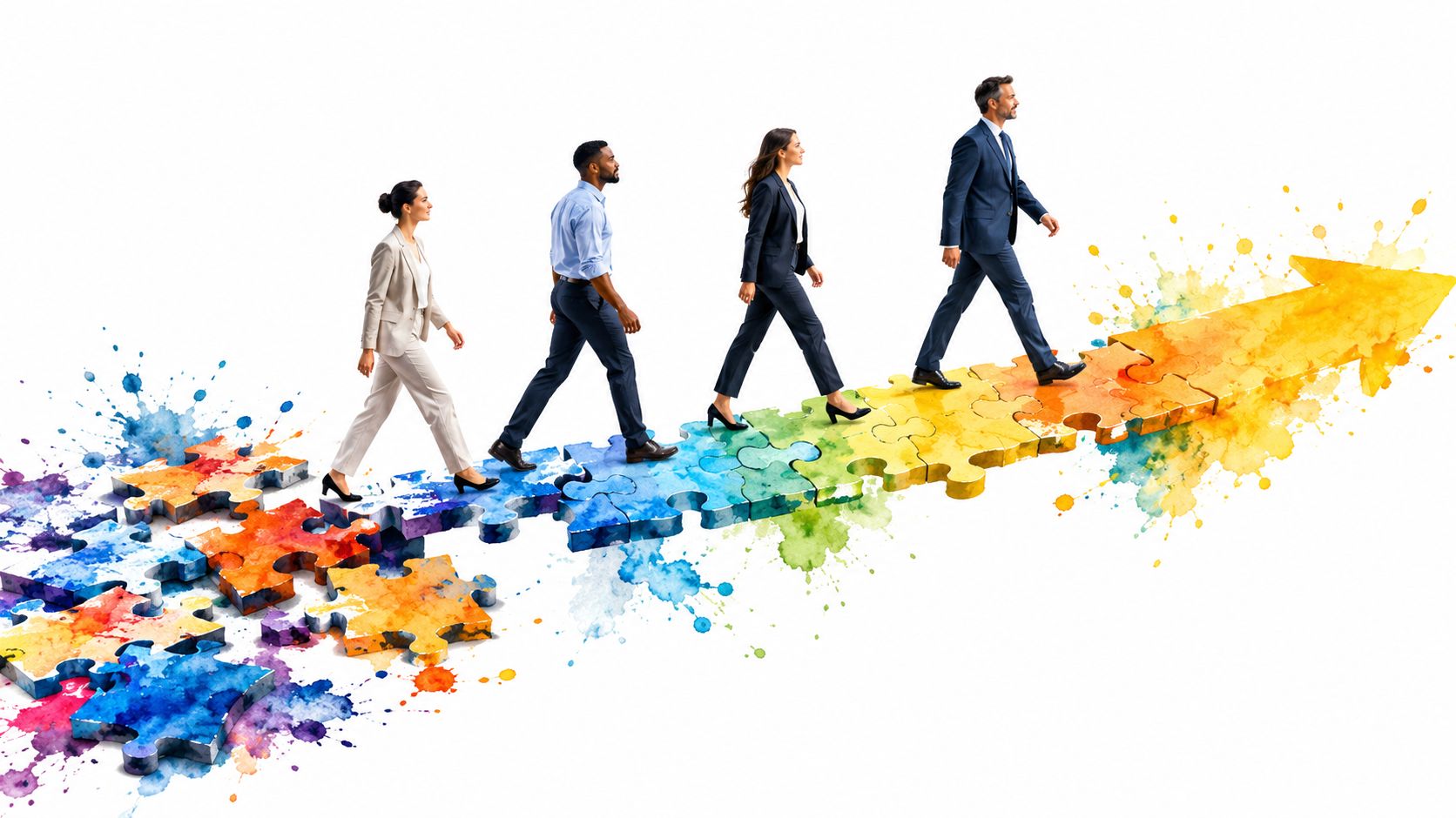 A professional team walking forward on a colorful jigsaw puzzle arrow toward a bright successful future.