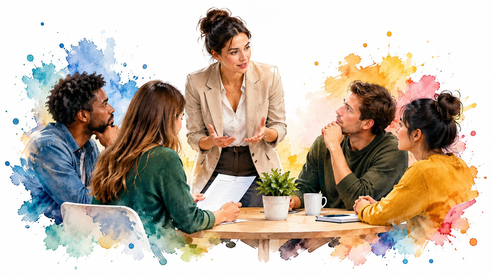 A diverse group of professionals having a collaborative business meeting around a round wooden table.