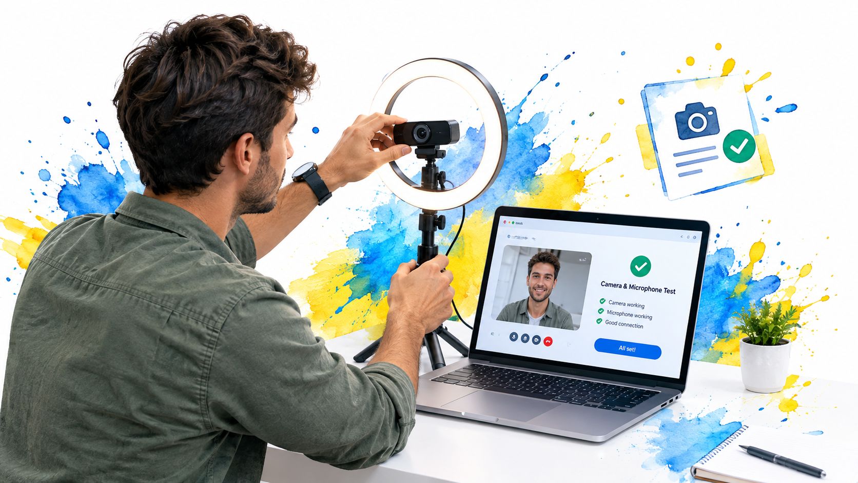 A man sets up his webcam and ring light for an online mock interview on his laptop.