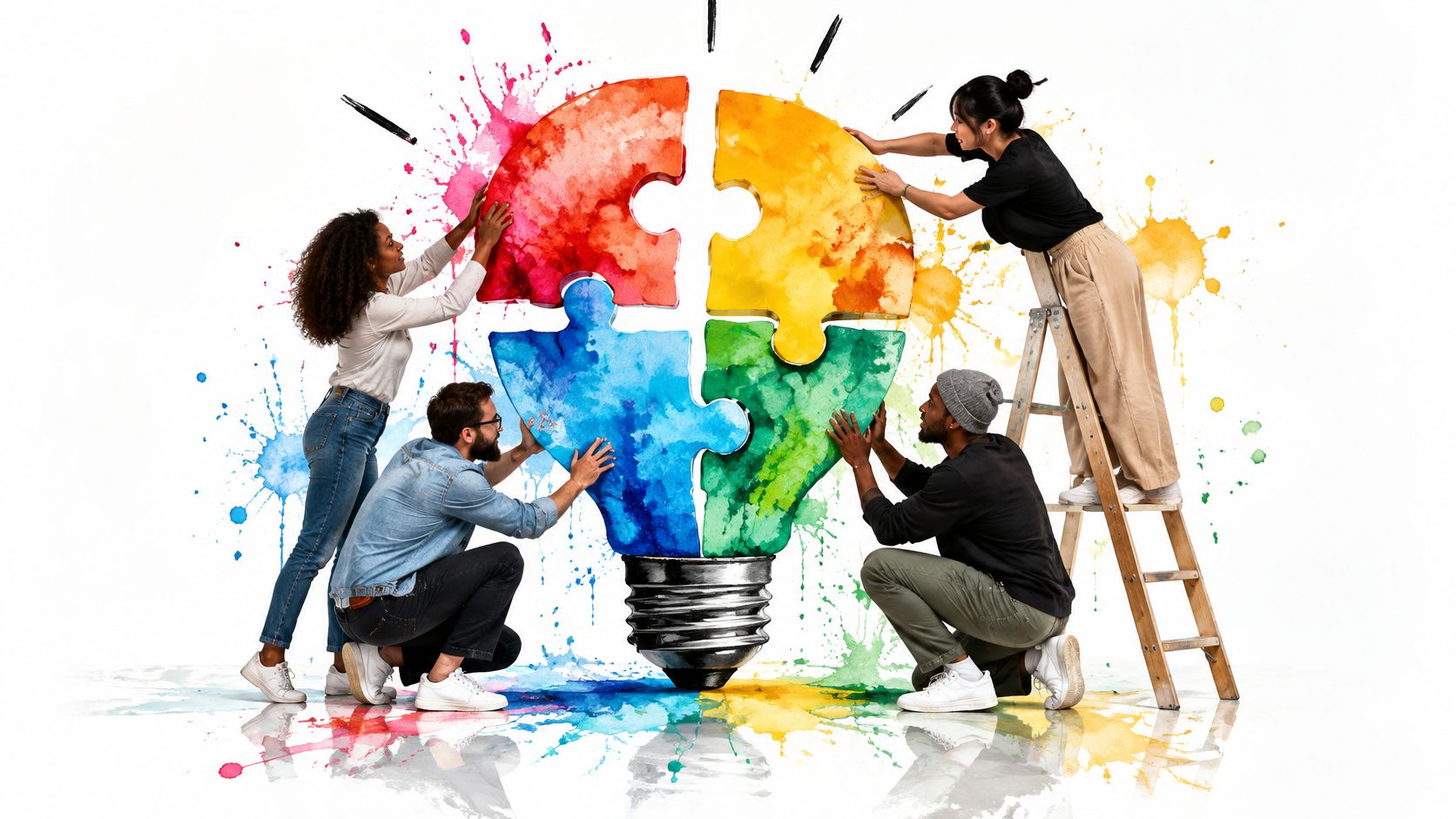 A diverse group of four people building a large colorful lightbulb puzzle against a white background.