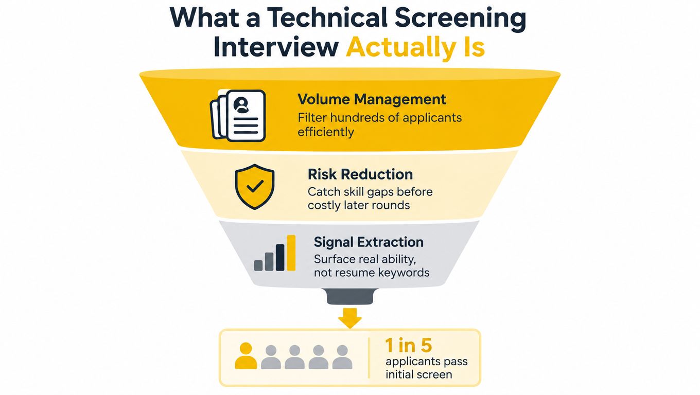 A funnel diagram illustrating the purpose of technical screening interviews for efficient candidate filtering and assessment.