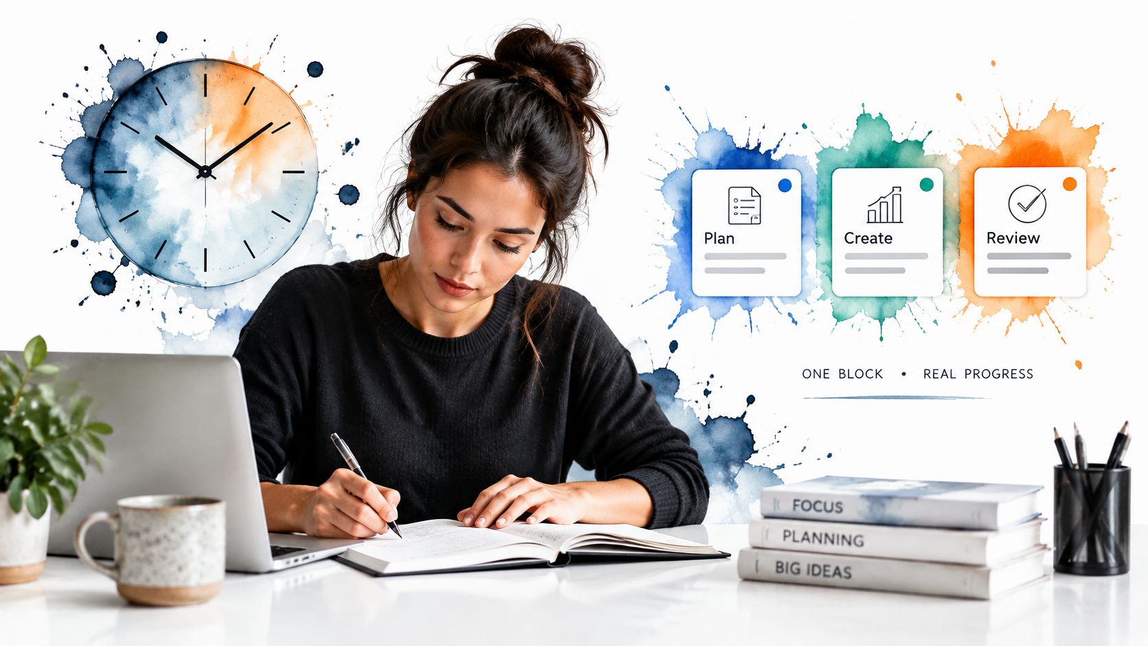 A focused woman writing in a notebook near a laptop, with productivity icons and stacks of books.
