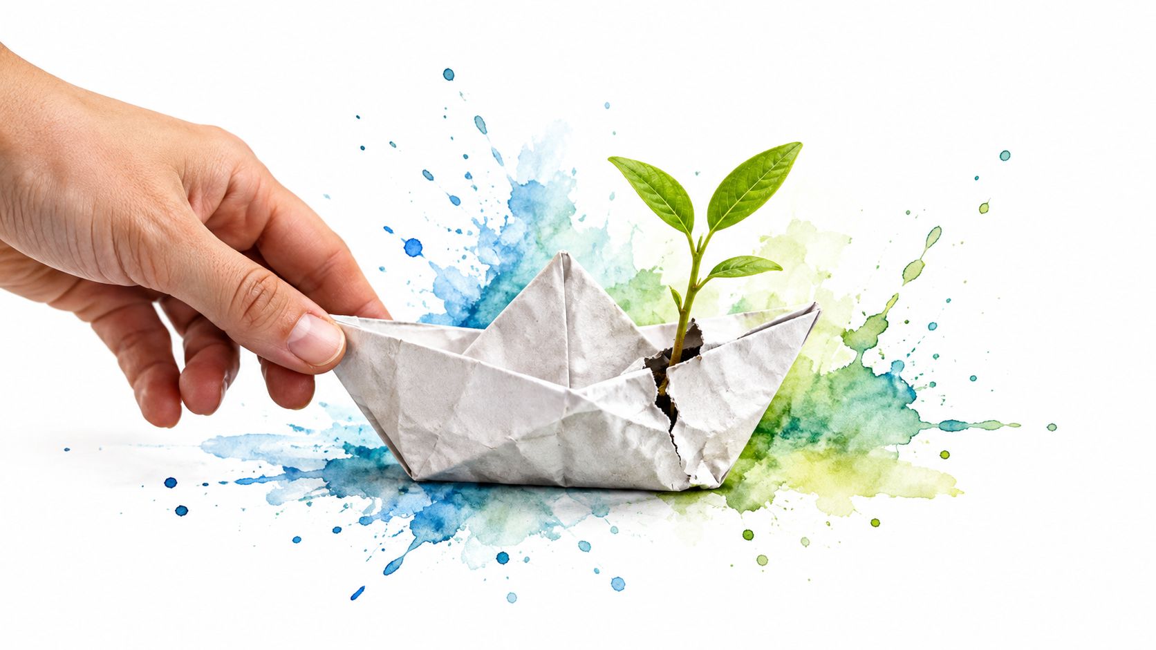 A hand holding a crumpled paper boat with a small green plant growing out of it.