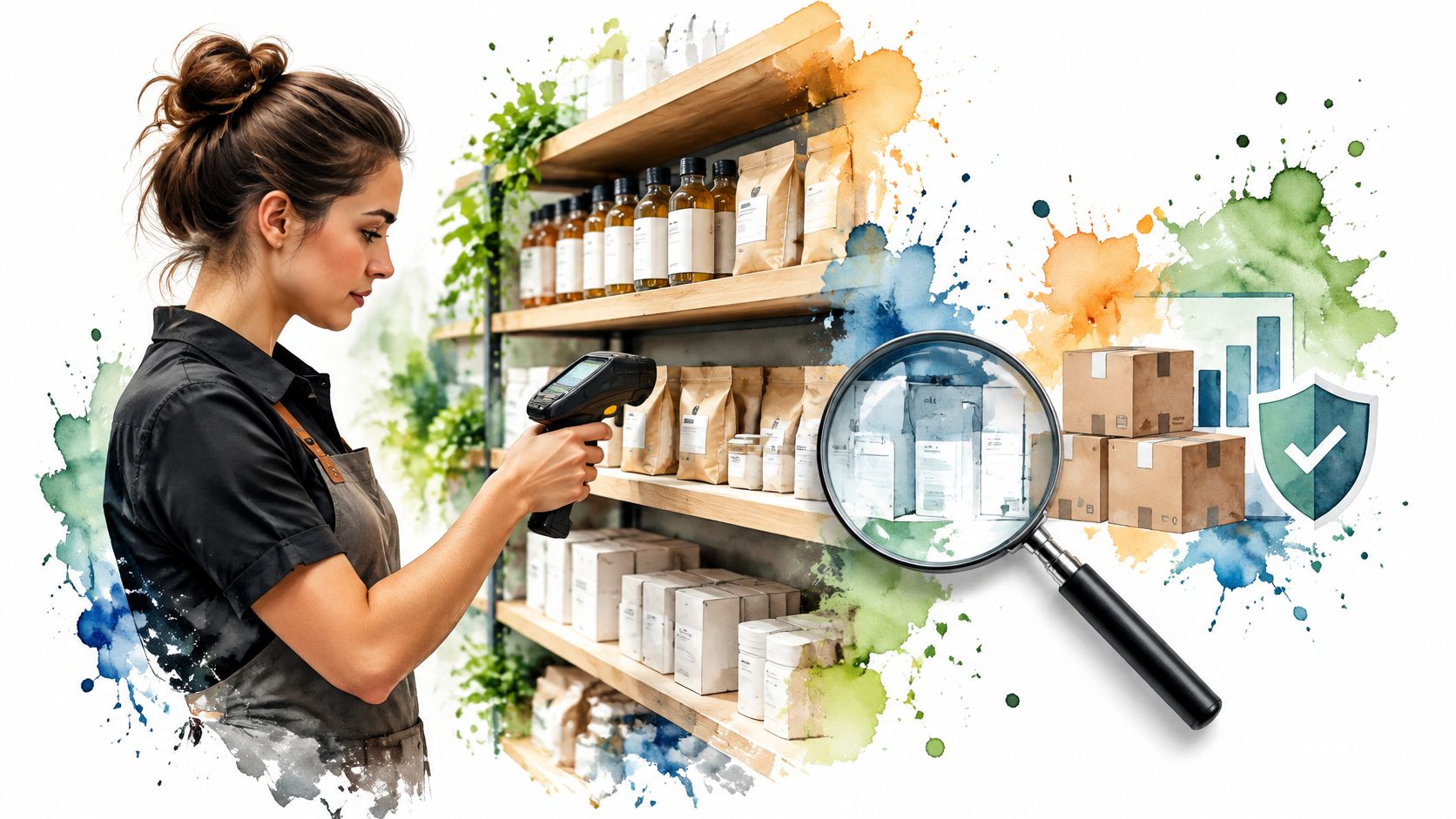 A store employee uses a barcode scanner in front of shelves, with a magnifying glass graphic highlighting inventory management.