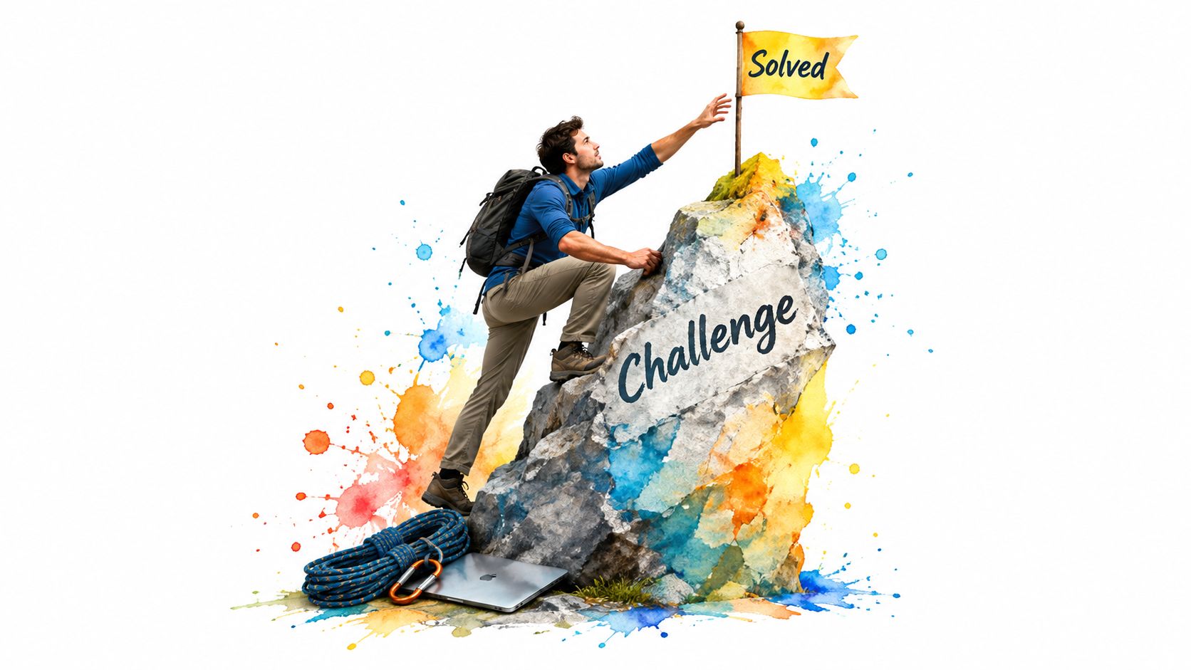 A hiker climbing a large rock labeled Challenge to reach a yellow flag marked with Solved.