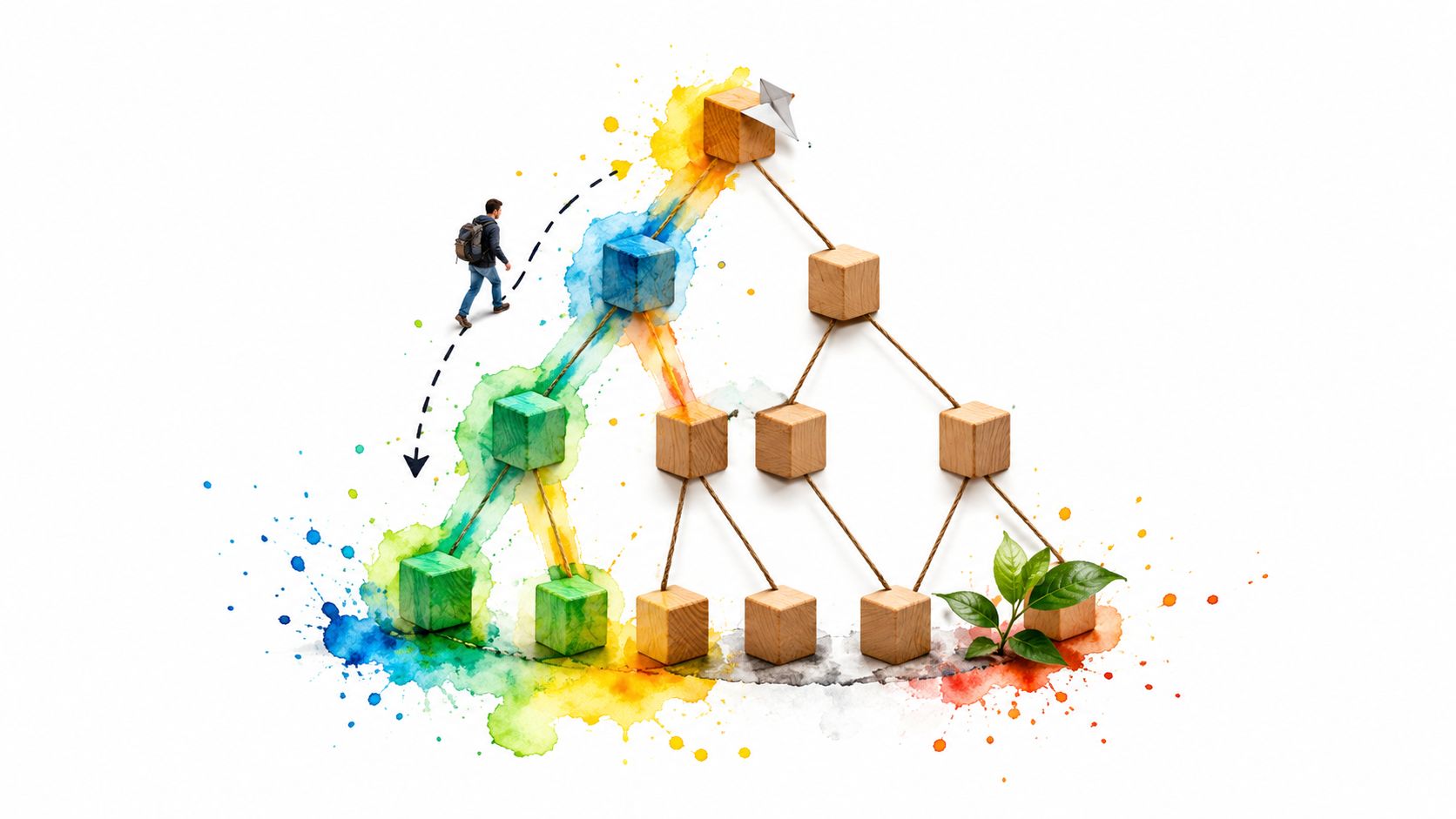 A person climbing a colorful conceptual tree structure made of blocks representing growth and progress in programming