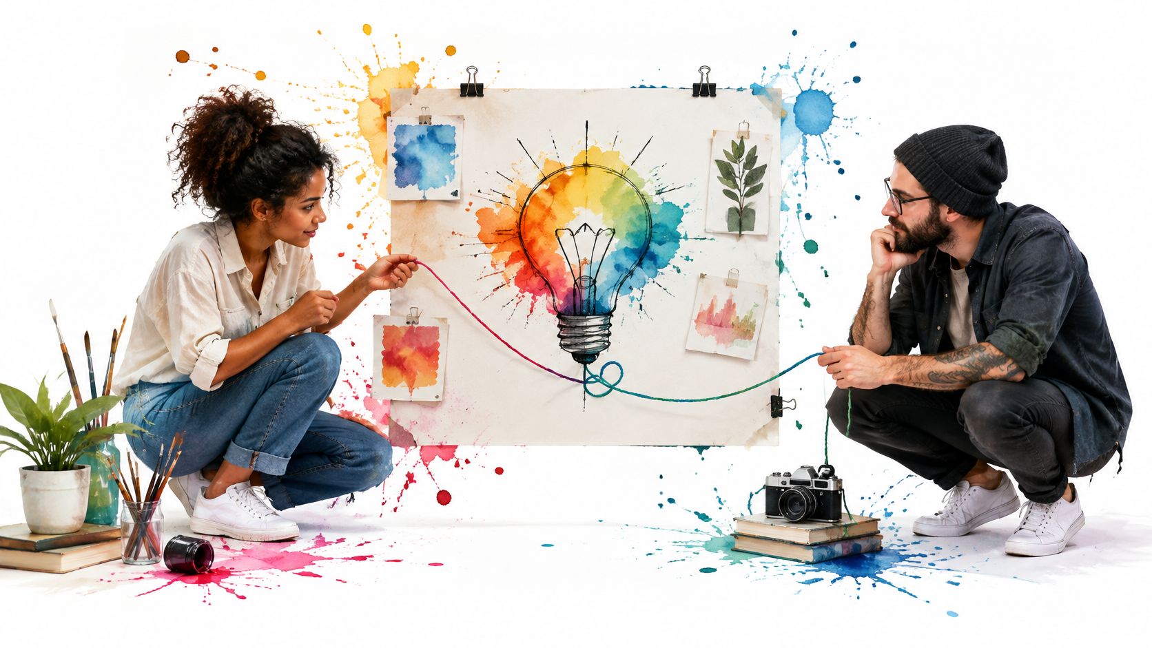 A male and female artist collaborating on a creative lightbulb painting project in a colorful studio setting.