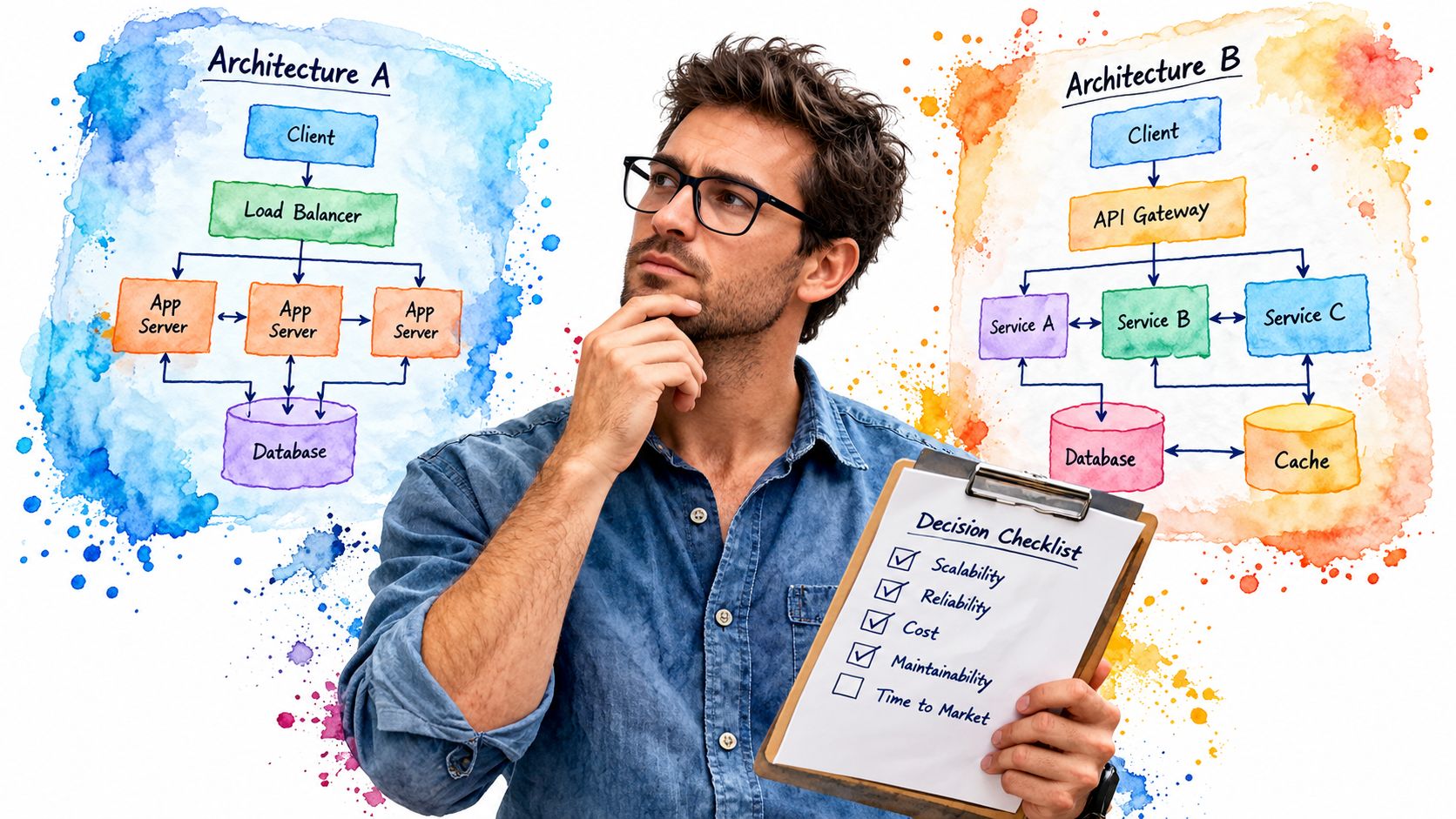 A professional contemplating between two architectural diagrams, holding a clipboard with a decision checklist for software architecture.