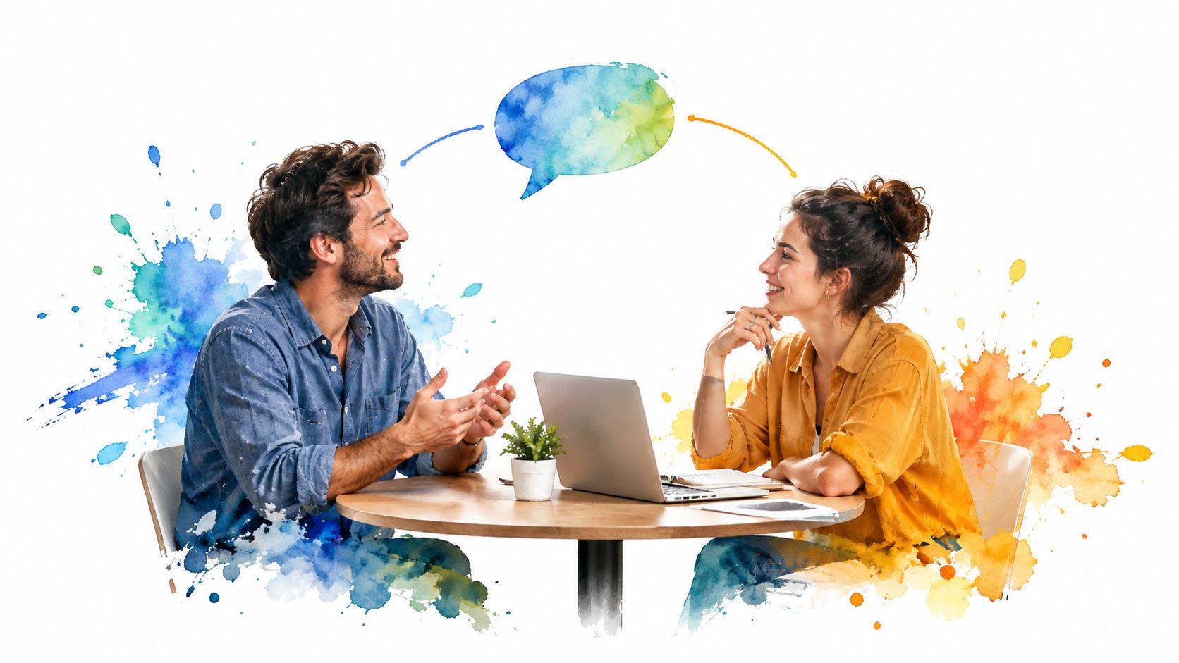 A man and woman sitting at a table having a friendly conversation with a speech bubble icon.