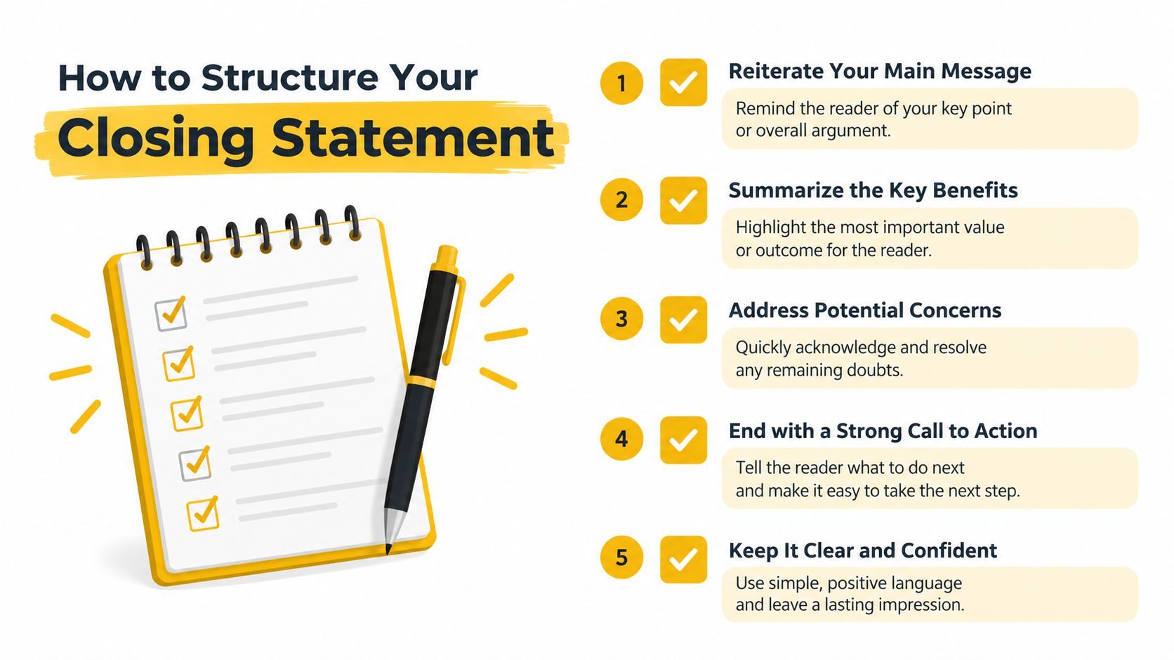 An infographic illustrating five essential steps for effectively structuring a professional closing statement.