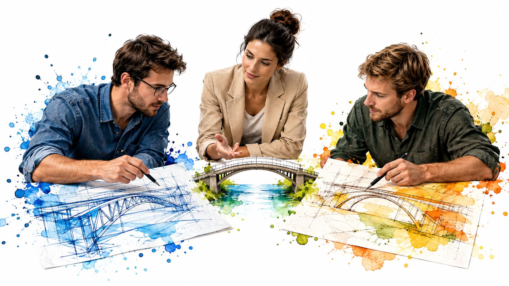 A team of three professional architects and engineers collaborating on bridge design sketches at a white table.