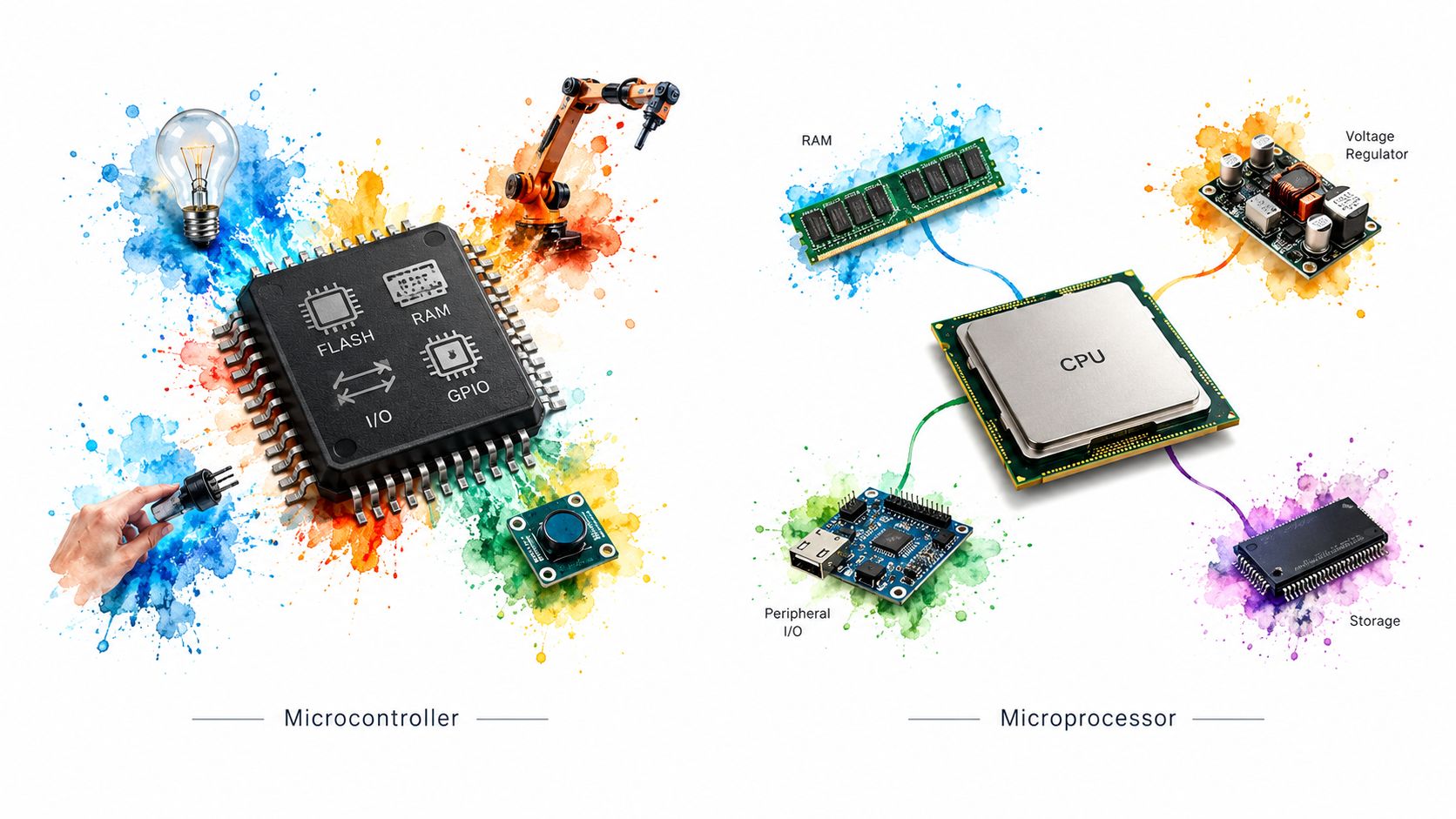 A diagram comparing a microcontroller and a microprocessor with various connected electronic components and colorful watercolor splashes.