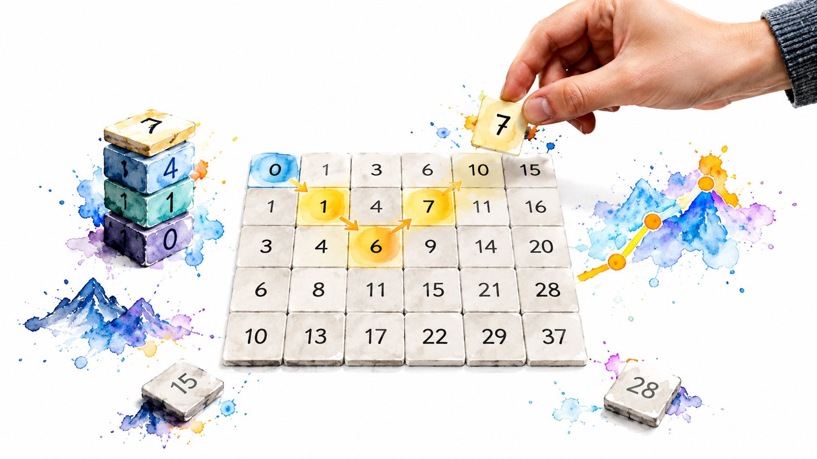 A hand placing a tile onto a grid showing numerical sequences and mathematical patterns on a white background.