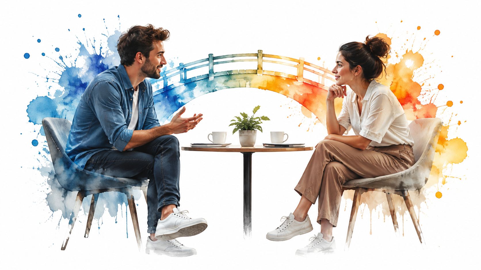 A man and woman sitting at a table with a bridge background communicating their interpersonal skills.