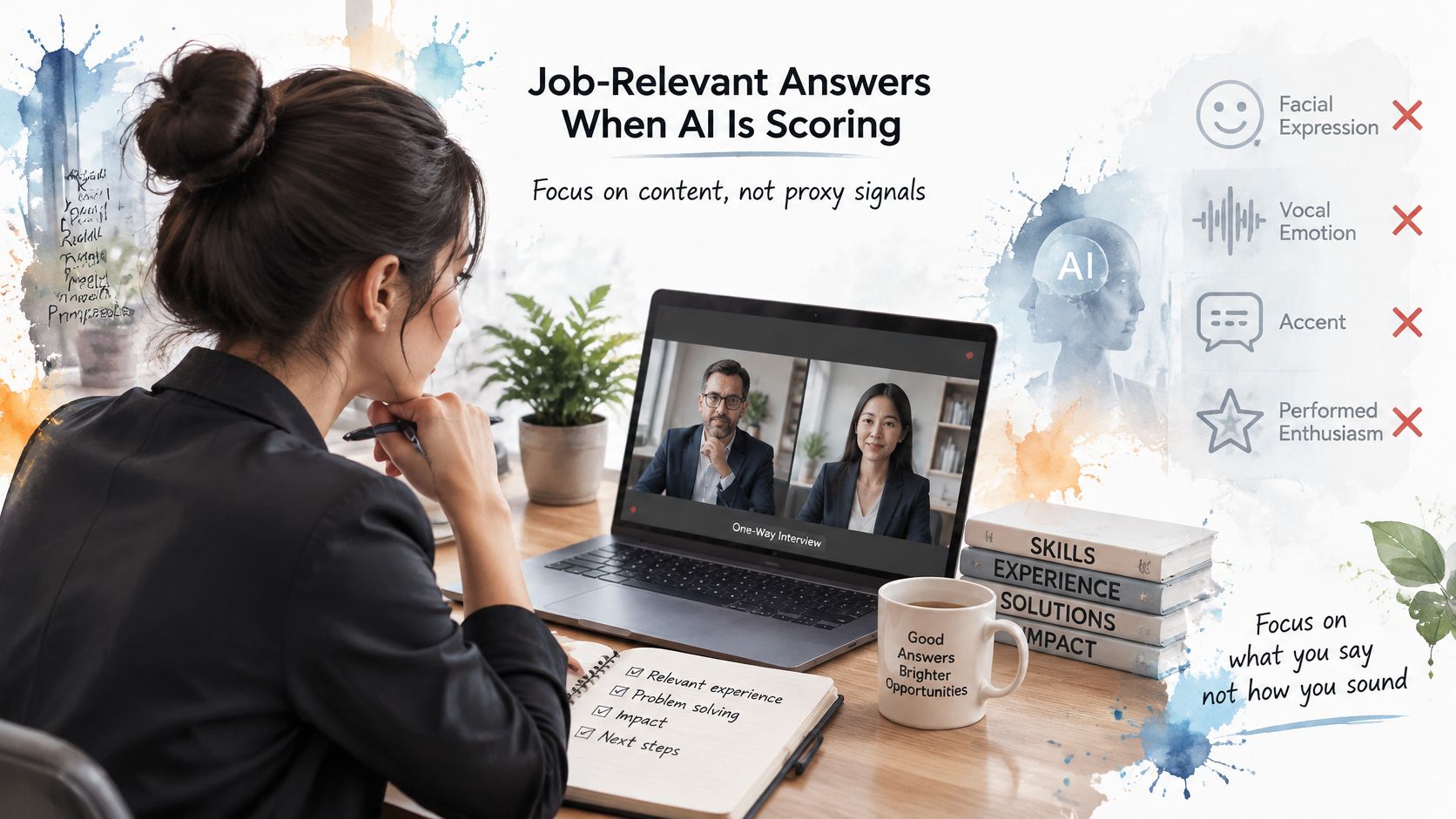 A woman preparing for an AI-scored job interview by focusing on content and professional experience over non-verbal signals.