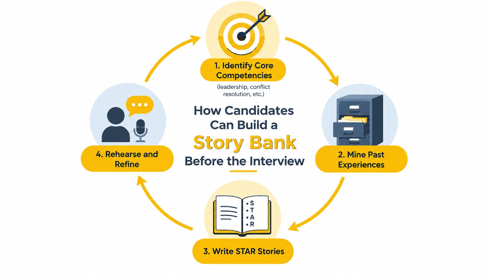 A circular diagram illustrating the four steps candidates should take to build a behavioral interview story bank.