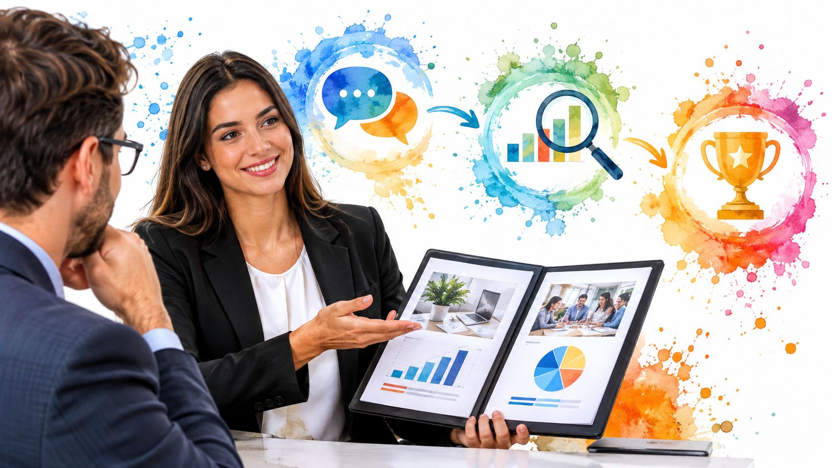 A businesswoman presenting charts and business strategies during a professional meeting to a male colleague.