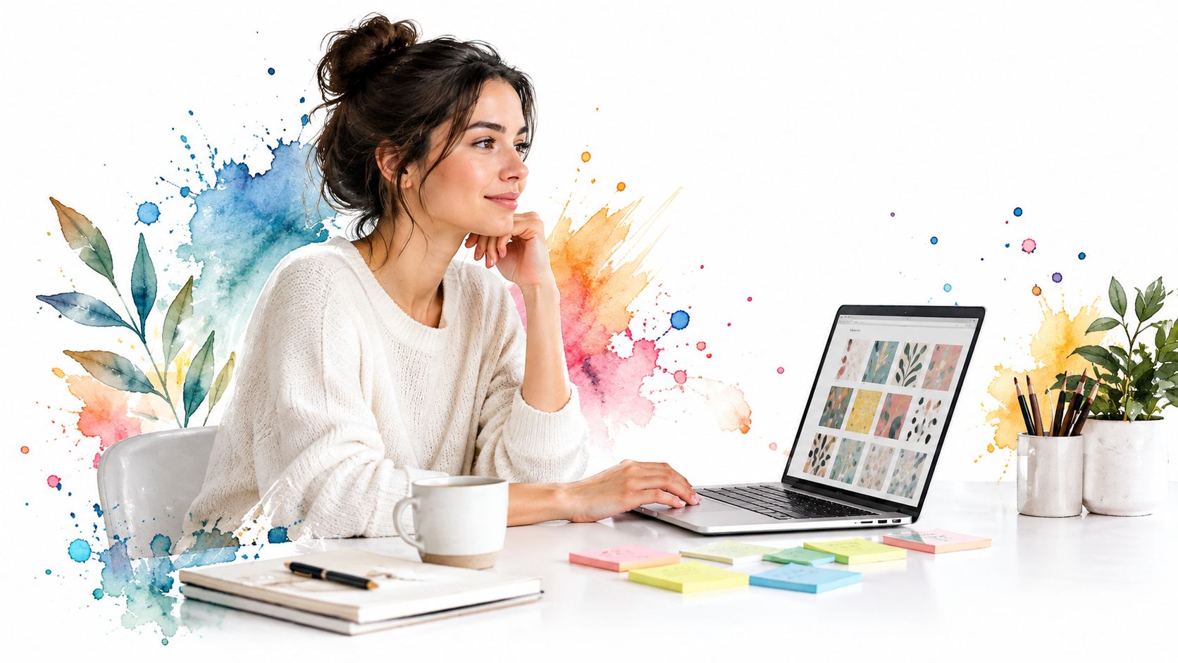 A woman working on a laptop at a desk with watercolor art, pens, and sticky notes.