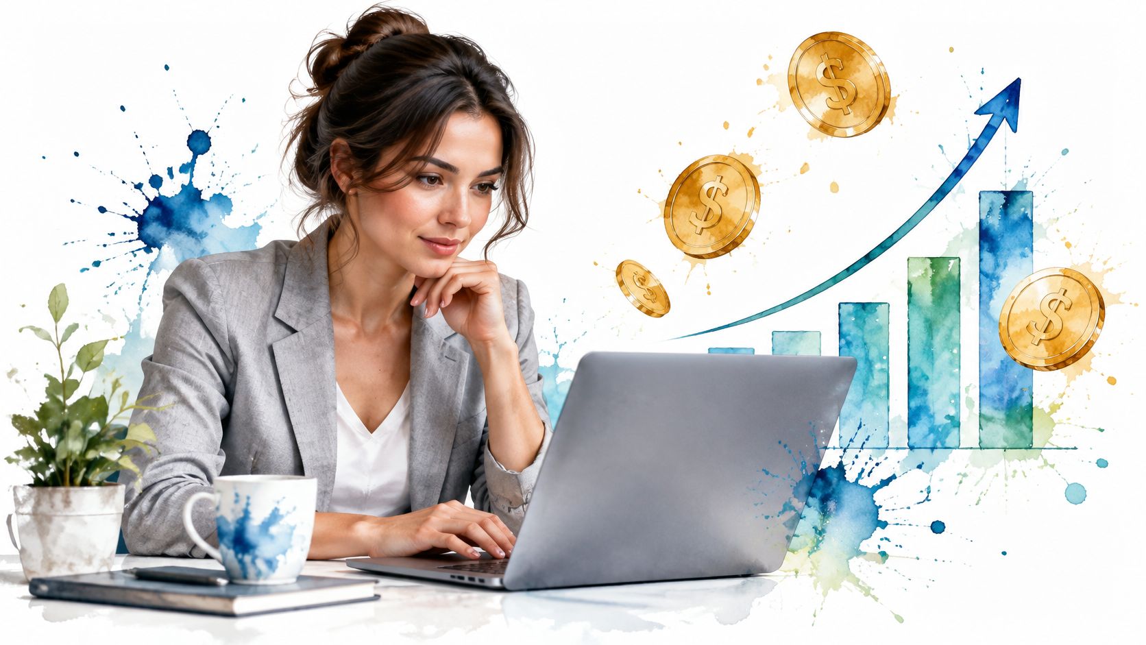 A businesswoman working on a laptop with a digital chart and floating gold dollar coins symbolizing financial growth.