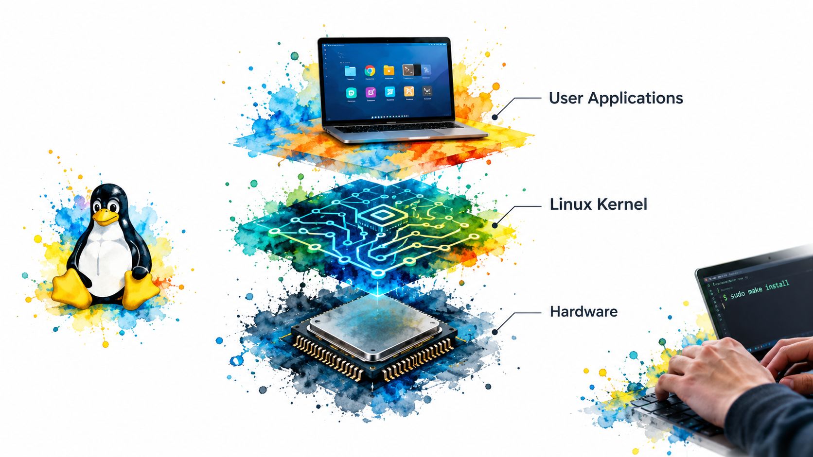 A layered diagram showing the relationship between hardware, the Linux kernel, and user applications with Tux.