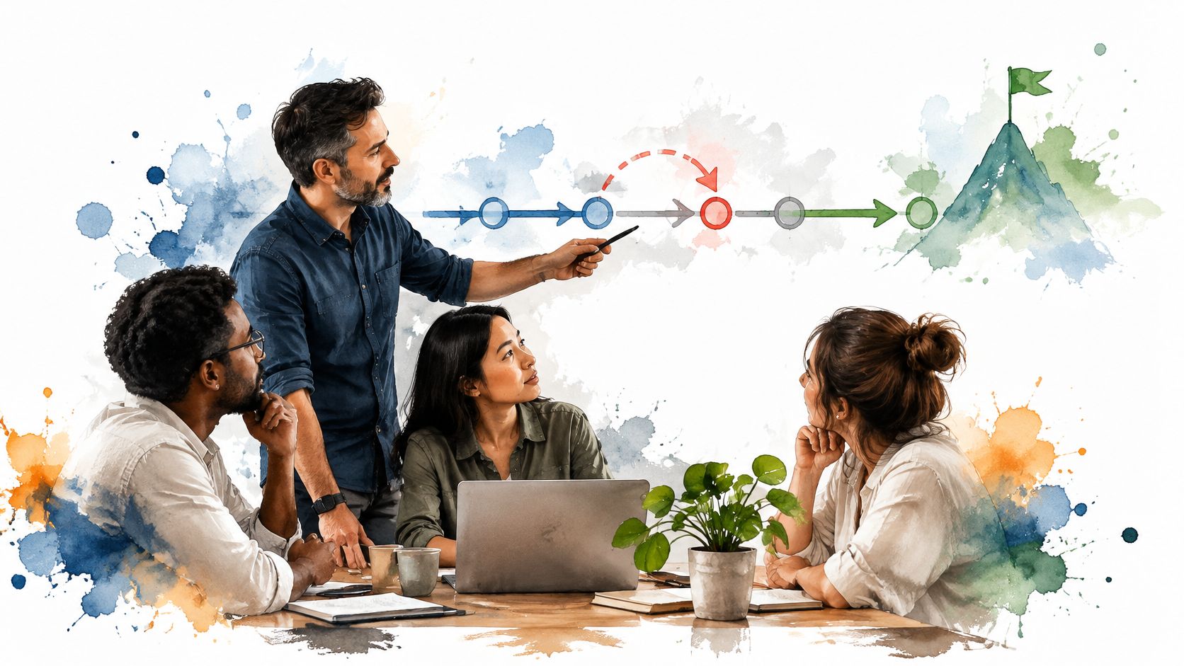 A professional team discussing a project roadmap strategy with a manager pointing at a visual graph.