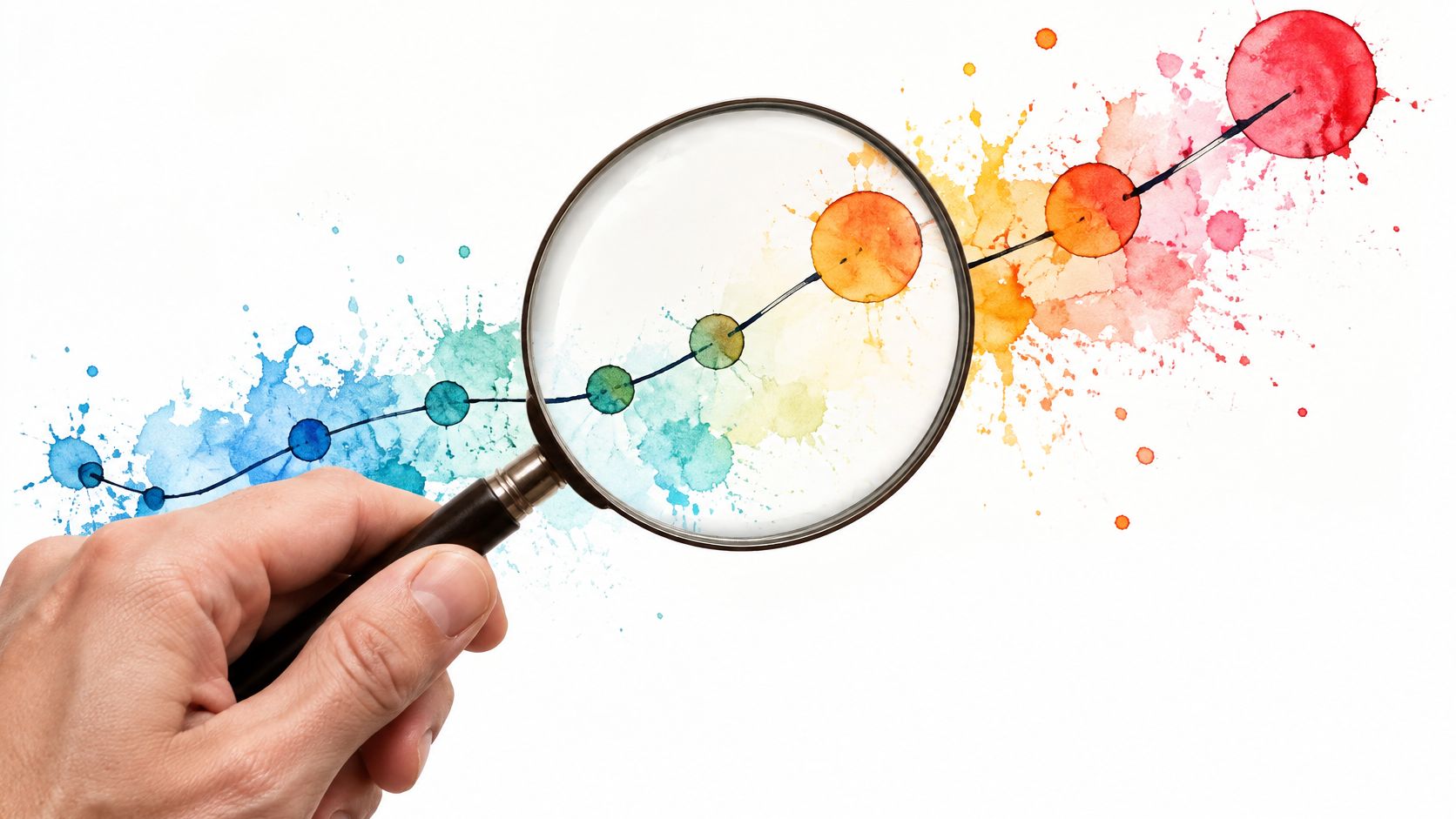 A hand holding a magnifying glass over a colorful watercolor progress graph on white background.