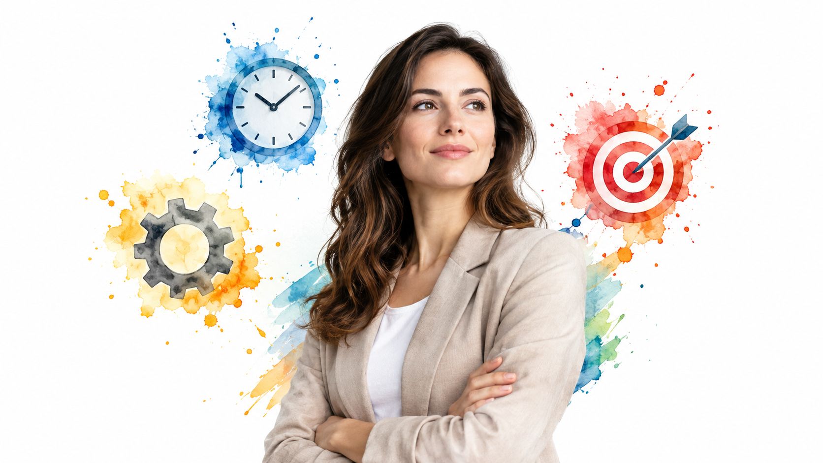 A professional woman looking away with business icons including a clock, gear, and target symbol nearby.