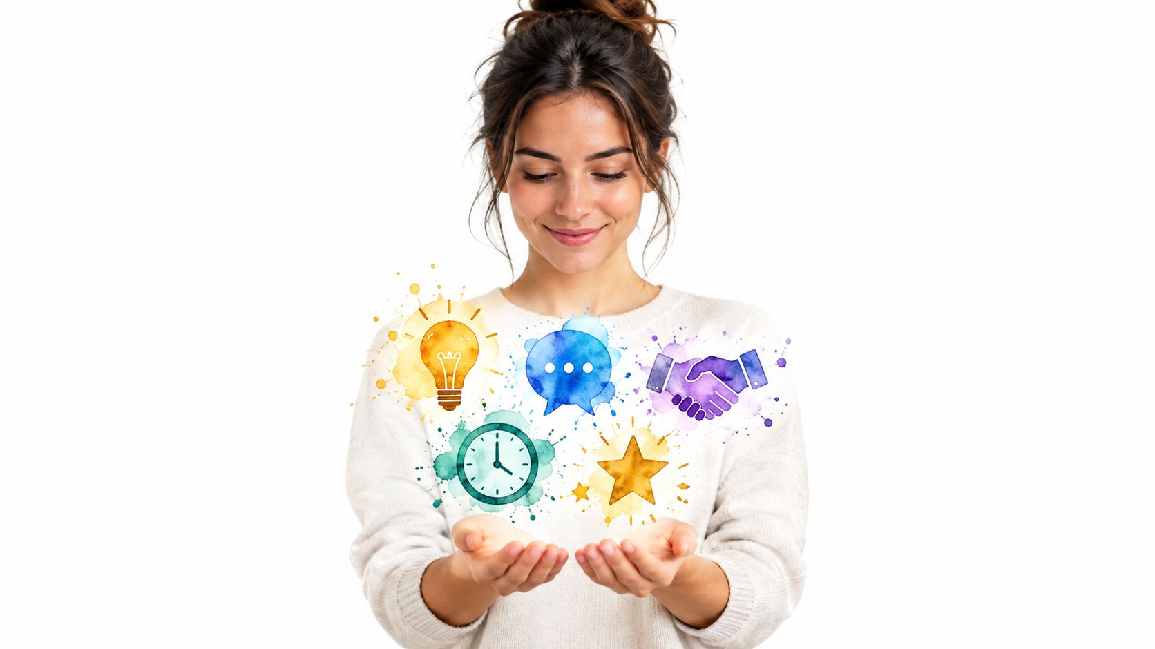 A woman holding colorful watercolor icons representing innovation, communication, time management, partnership, and quality service.