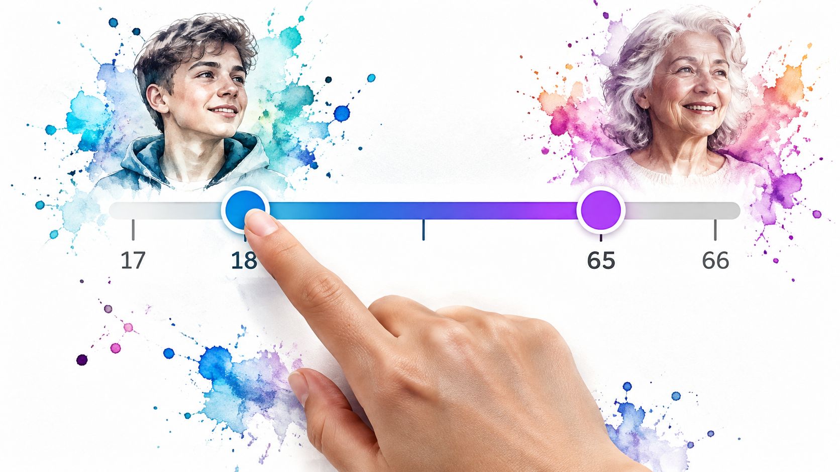A hand adjusts a slider on a timeline showing a young man at eighteen and an older woman.